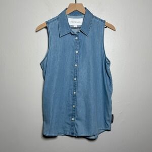 Calvin Klein Womens Chambray Button Up Shirt M‎ Blue Sleeveless Classic Nautical